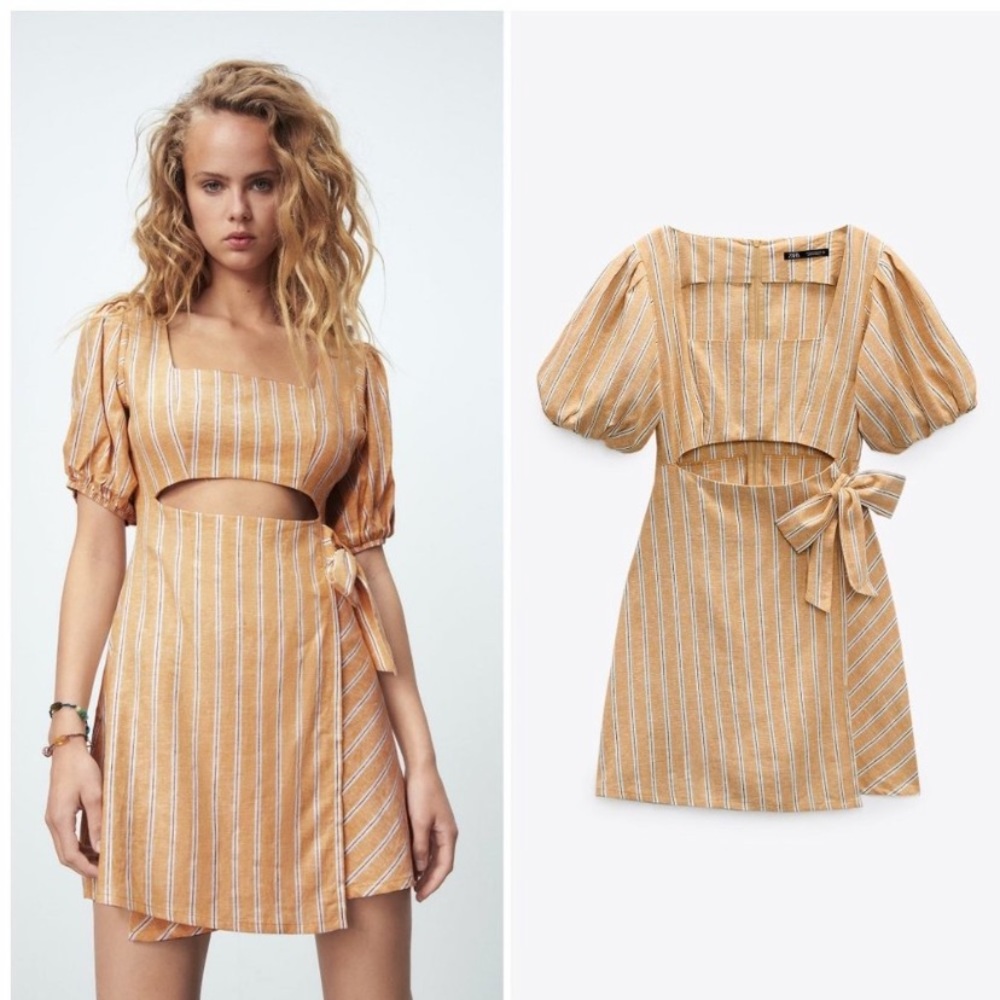 Zara linen yellow stripe cutout dress